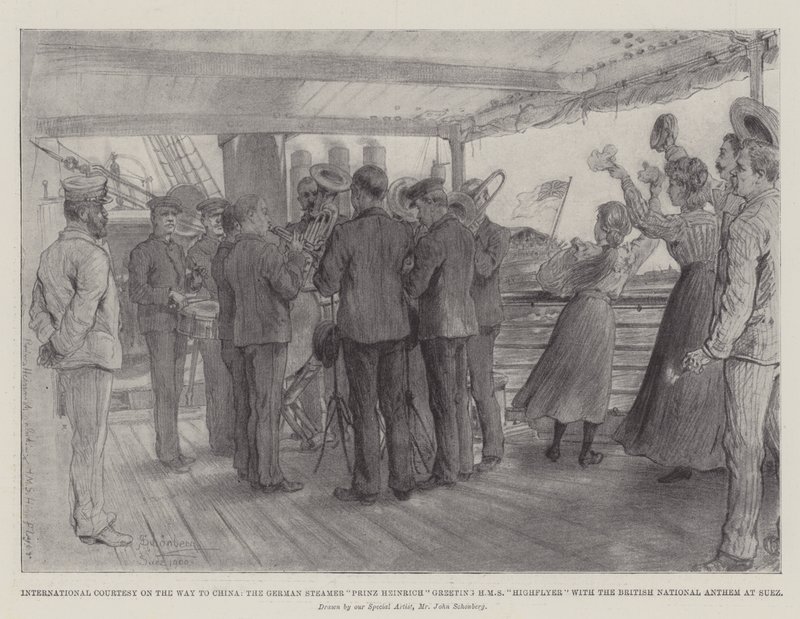 International Courtesy on the Way to China, the German Steamer Prinz Heinrich greeting HMS Highflyer with the British National Anthem at Suez by Johann Nepomuk Schonberg