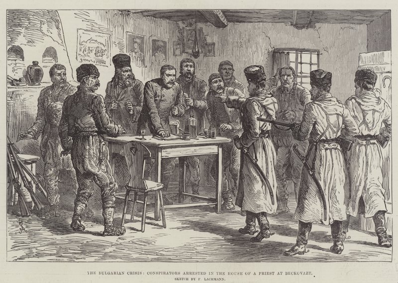 The Bulgarian Crisis, Conspirators arrested in the House of a Priest at Beckovazt by Johann Nepomuk Schonberg