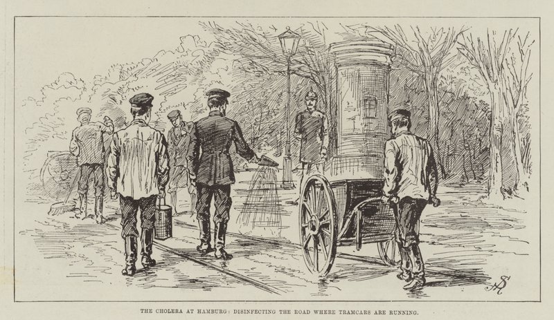 The Cholera at Hamburg, disinfecting the Road where Tramcars are running by Johann Nepomuk Schonberg