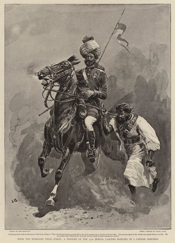 With the Mohmand Field Force, a Trooper of the 13th Bengal Lancers Bringing in a Pathan Prisoner by John Charlton