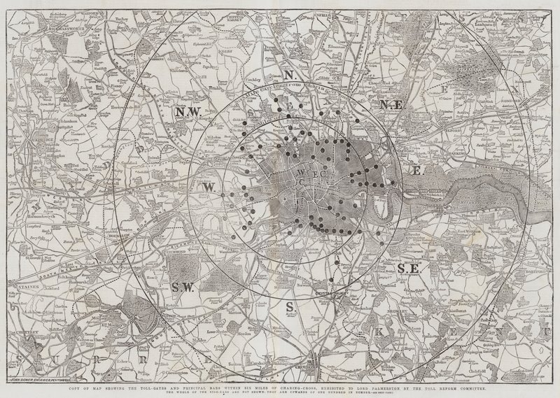 Copy of Map showing the Toll-Gates and Principal Bars within Six Miles of Charing-Cross, exhibited to Lord Palmerston by the Toll Reform Committee by John Dower