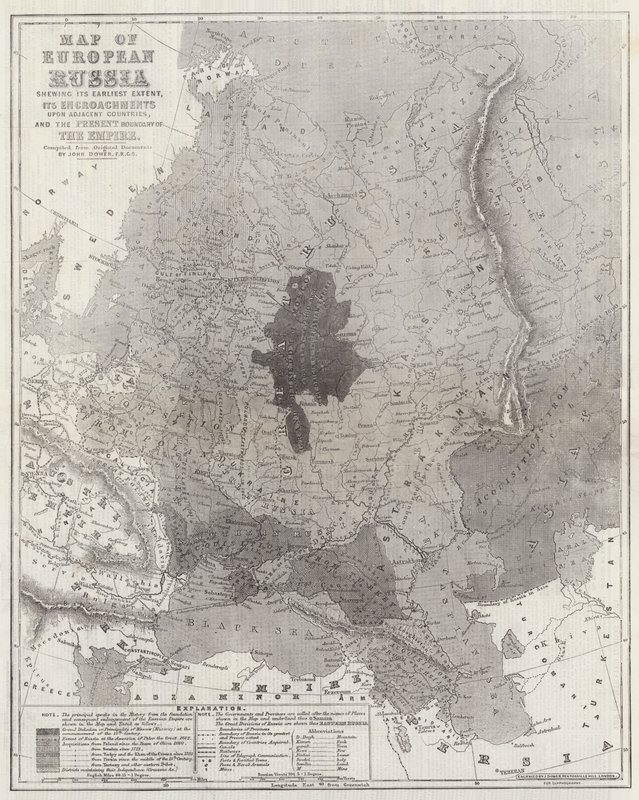 Map of European Russia showing its Earliest Extent, its Encroachments upon Adjacent Countries, and the Present Boundary of the Empire by John Dower