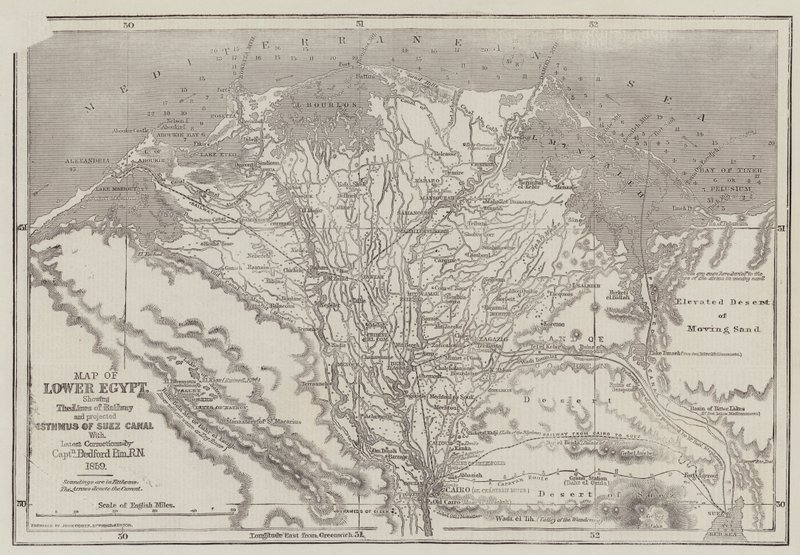 Map of Lower Egypt, Showing the Lines of Railway and Projected Isthmus of Suez Canal by John Dower