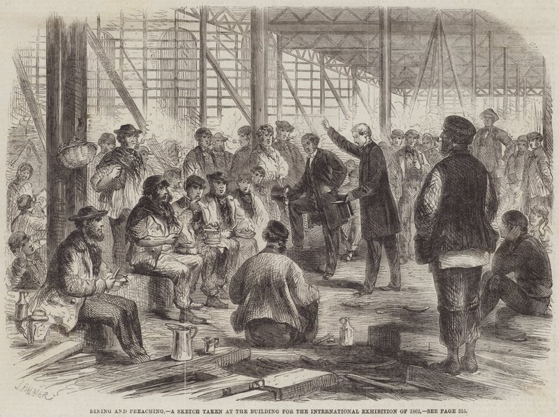 Dining and Preaching, a Sketch taken at the Building for the International Exhibition of 1862 by John Palmer