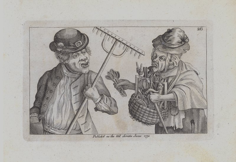 A man with a rake, a woman selling spoons and stirrers (engraving) by John  Collier