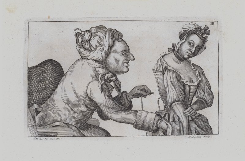 Man sews girl into corset (engraving) by John  Collier
