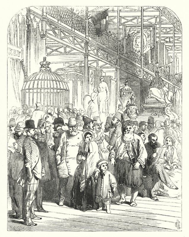 Exhibitors and visitors in the Crystal Palace, Hyde Park, London, venue of the Great Exhibition of 1851 by John (after) Gilbert