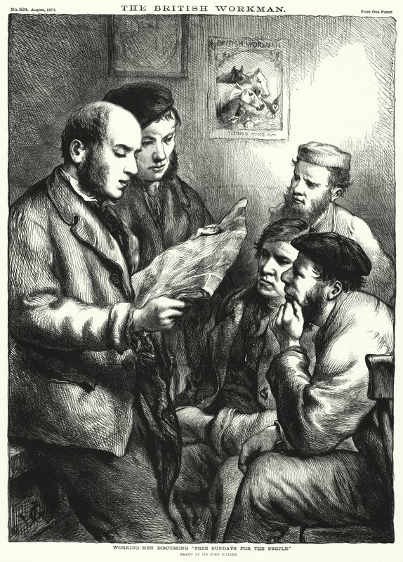 Working Men discussing "Free Sundays for the People" by John (after) Gilbert