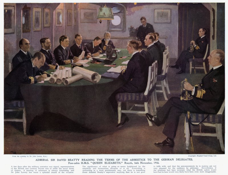 Admiral Sir David Beatty reading the terms of the armistice to the German Delegates, fore-cabin HMS Queen Elizabeth, Rosyth by John (after) Lavery