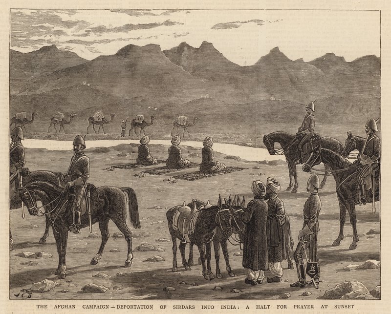 The Afghan Campaign, Deportation of Sirdars into India, a Halt for Prayer at Sunset by John Charles Dollman