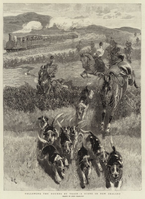 Following the Hounds by Train, a scene in New Zealand by John Charlton