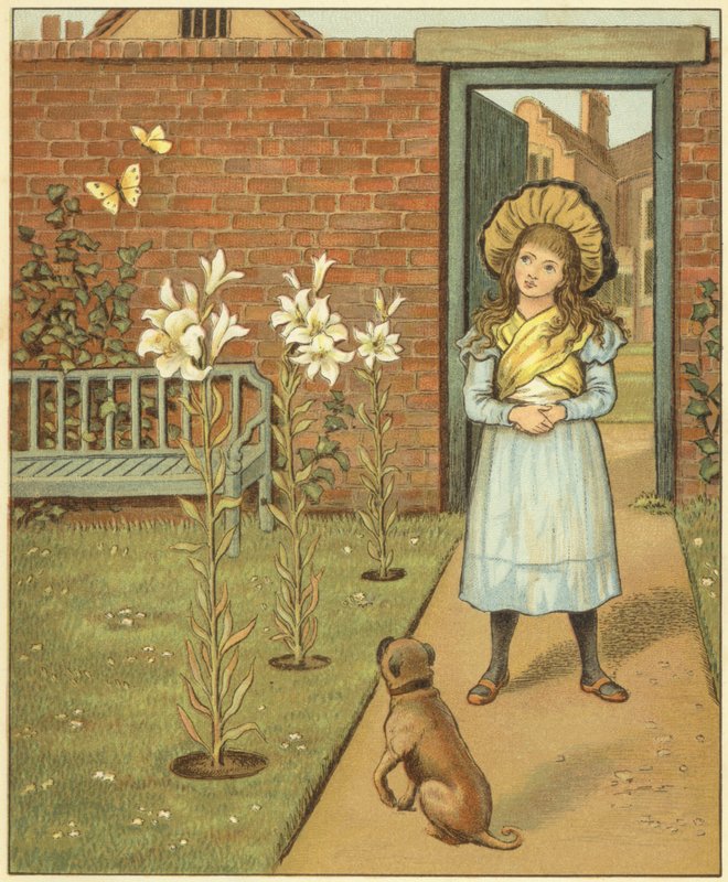Girl in a walled garden, besides lilies and her dog by John George (after) Sowerby