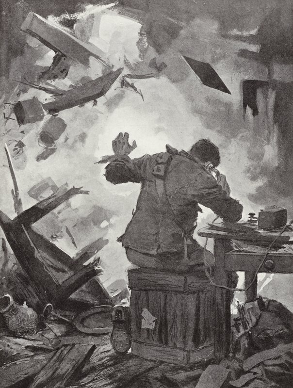 Bombardier W H French finishing his message after a shell had come through the room in which he was telephoning, Helpegarde, World War I by John Harris Valda