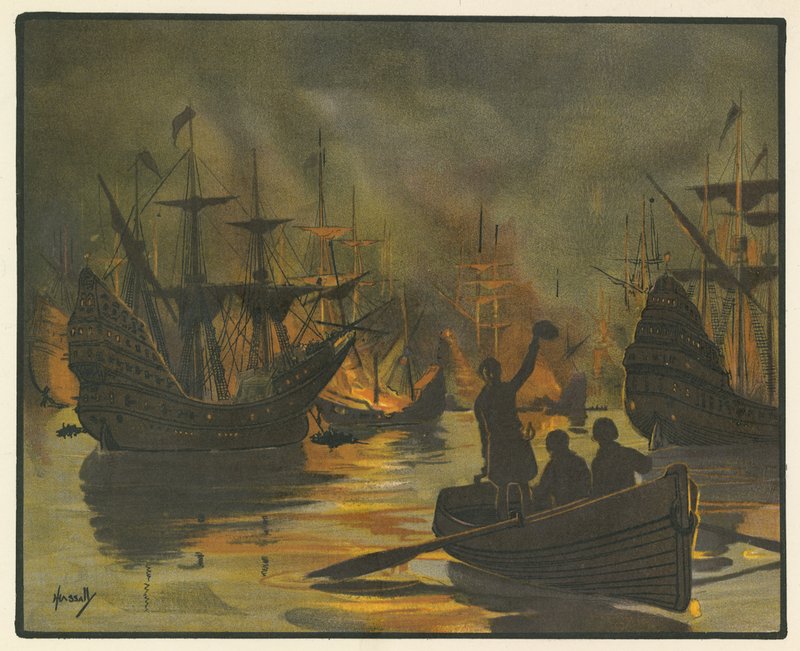 The invincible Armada attacked by fire ships by John Hassall