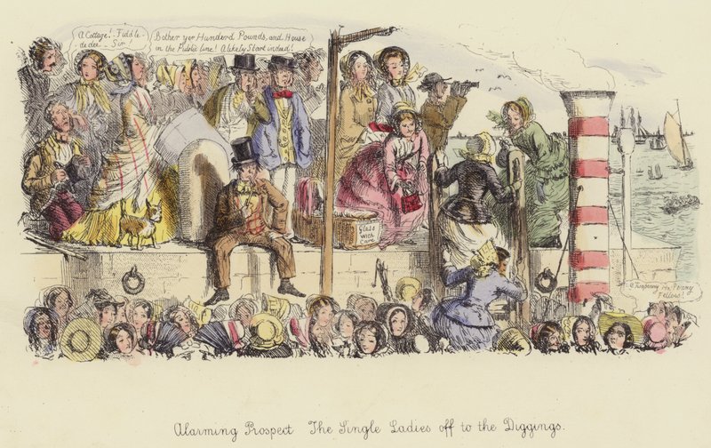 Alarming Prospect, the Single Ladies Off to the Diggings by John Leech