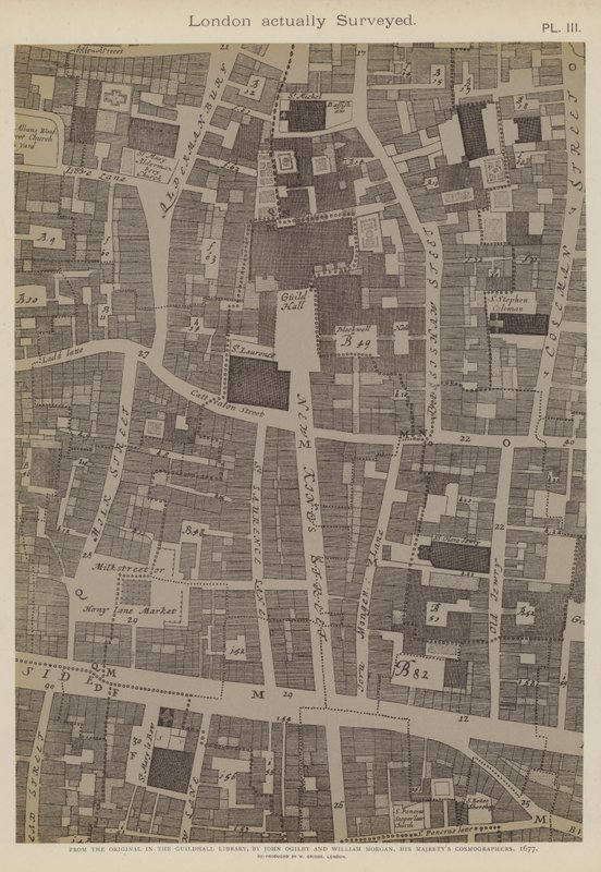 Map of part of the City of London, showing the location of Guildhall by John Ogilby