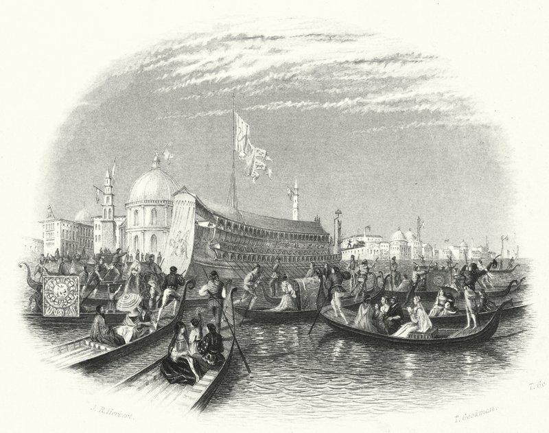 The marriage of the sea. The barge of the Doge and gondolas on the water in Venice by John Rogers (after) Herbert