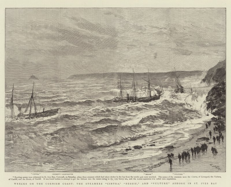 Wrecks on the Cornish Coast, the Steamers Cintra, Bessie, and Vulture Ashore in St Ives Bay by Joseph Nash
