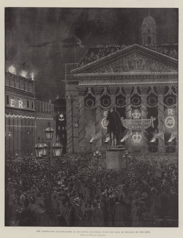 The Coronation Illuminations at the Royal Exchange, with the Bank of England on the Left by Joseph Holland Tringham