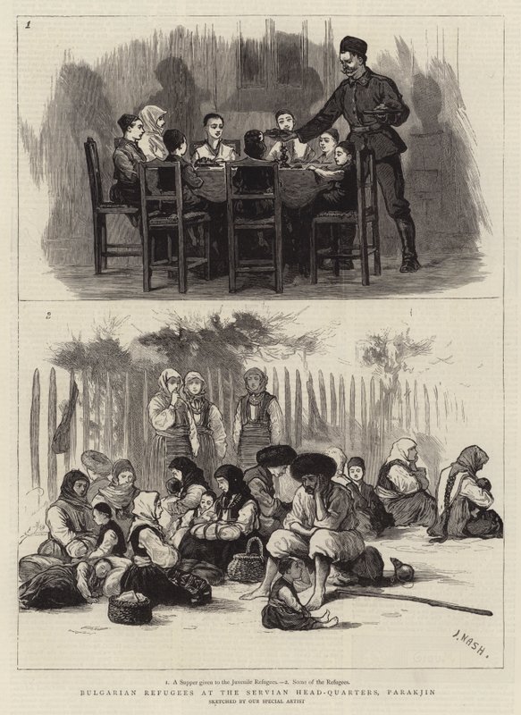 Bulgarian Refugees at the Servian Head-Quarters, Parakjin by Joseph Nash