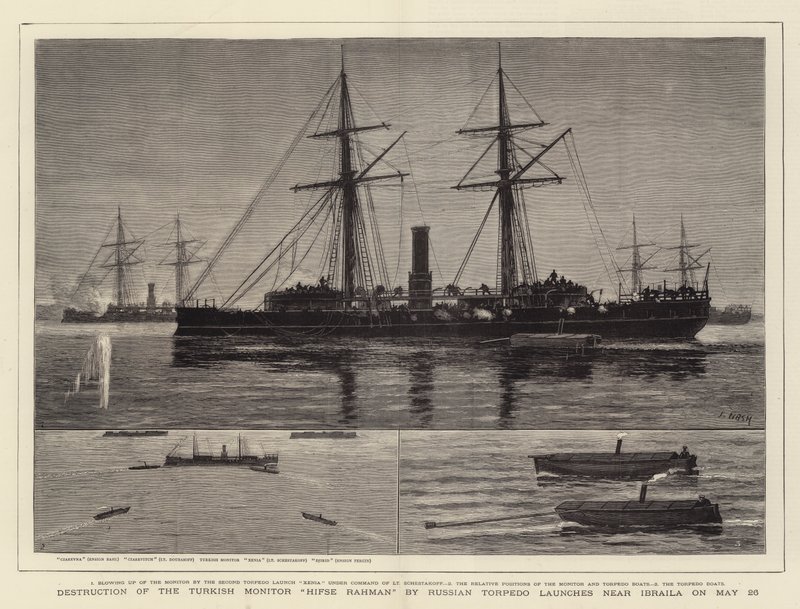 Destruction of the Turkish Monitor Hifse Rahman by Russian Torpedo launches near Ibraila on 26 May by Joseph Nash