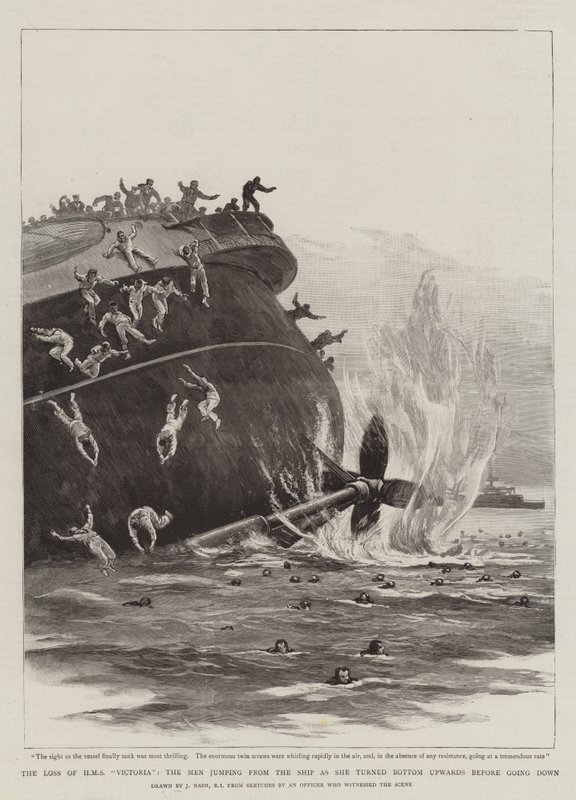The Loss of HMS Victoria, the Men jumping from the Ship as she turned bottom upwards before going down by Joseph Nash
