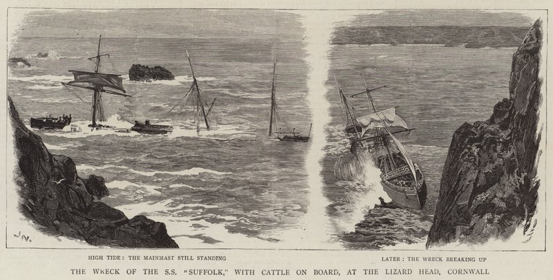 The Wreck of the SS Suffolk, with Cattle on Board, at the Lizard Head, Cornwall by Joseph Nash