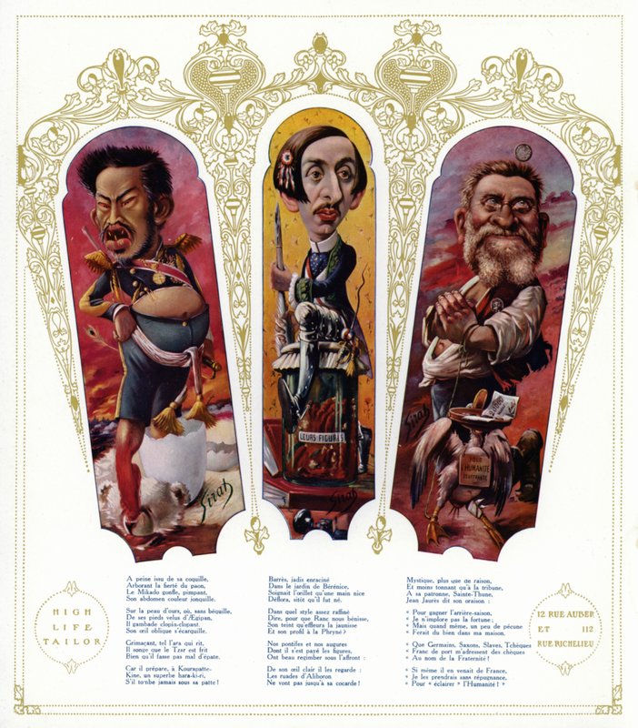 Caricatures: Meiji Emperor of Japan; Maurice Barres, French Writer and Nationalist Politician; Jean Jaures, French Politician by Joseph Sirat