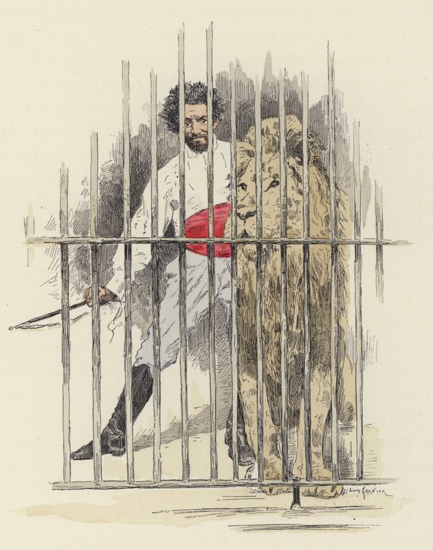 Lion and lion tamer in a cage by Jules Arsene (after) Garnier