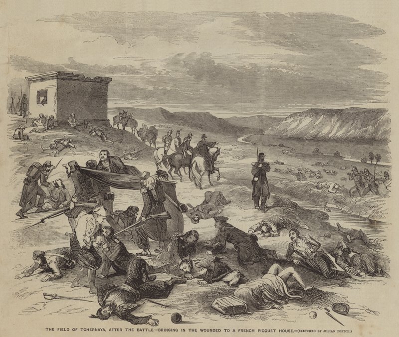 The Field of Tchernaya, after the Battle, bringing in the Wounded to a French Picquet House by Julian Portch