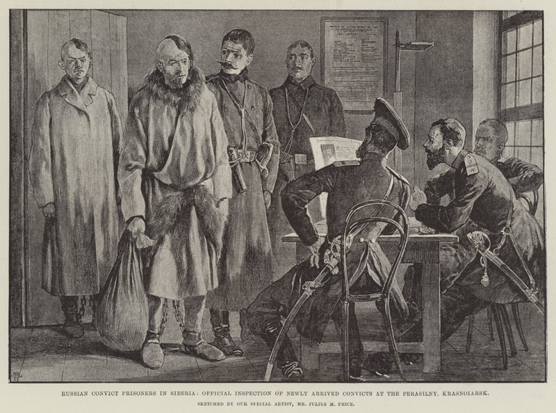 Russian Convict Prisoners in Siberia, Official Inspection of Newly Arrived Convicts at the Perasilny, Krasnoiarsk by Julius Mandes Price