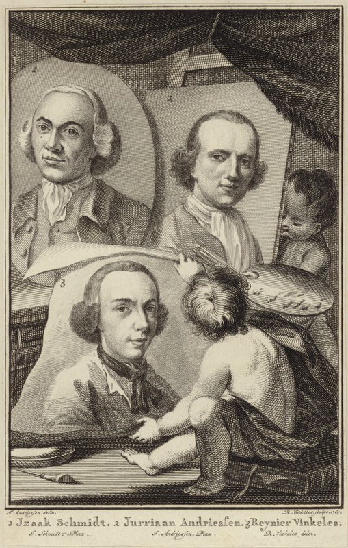 Portraits of Izaak Schmidt, Jurriaen Andriessen and Reinier Vinkeles by Jurriaan Andriessen