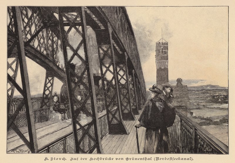 On the Grunental High Bridge over the Kiel Canal, Germany (engraving) by Karl Storch