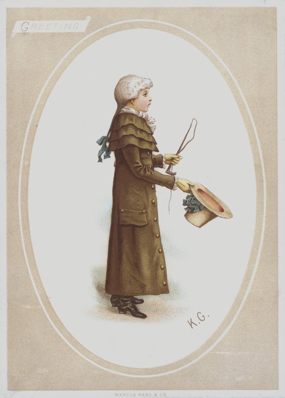 Boy in long brown coat, with wig, and holding hat and hunting whip by Kate (after) Greenaway