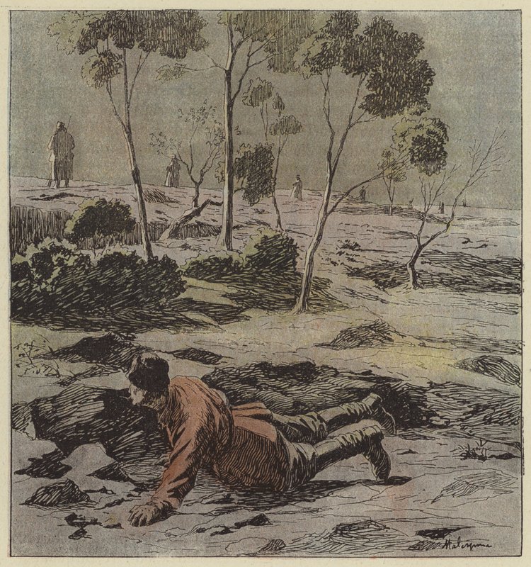 Russian officer breaking through the siege lines of Port Arthur by L. Malespine