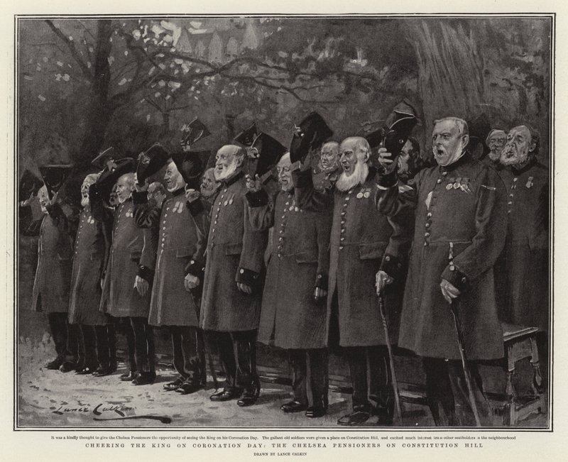 Cheering the King on Coronation Day, the Chelsea Pensioners on Constitution Hill by Lance Calkin