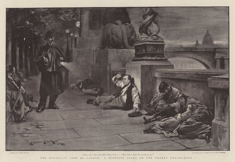 The Houseless Poor of London, a Midnight Scene on the Thames Embankment by Lance Calkin