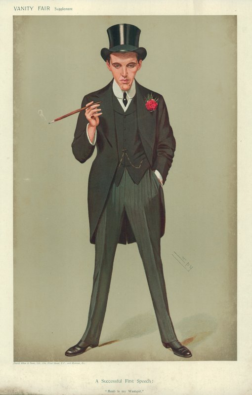 Mr F E Smith, A Successful First Speech, Moab is my Washpot, 16 January 1907, Vanity Fair cartoon by Leslie Matthew Ward