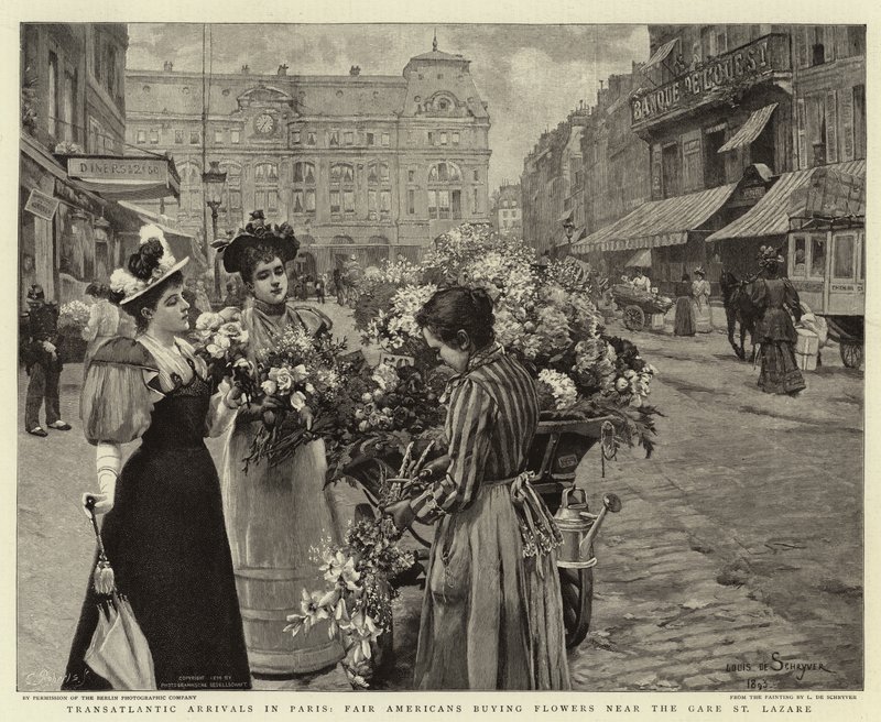 Transatlantic Arrivals in Paris, Fair Americans Buying Flowers Near the Gare St Lazare by Louis de Schryver