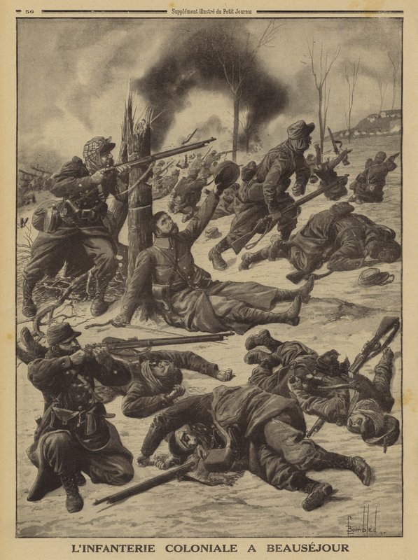 French colonial infantry fighting at Beausejour, World War I by Louis Charles (after) Bombled