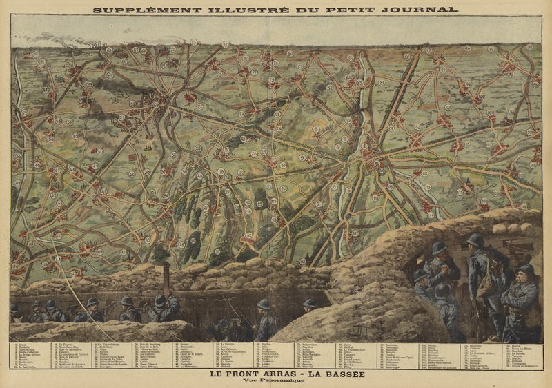 Panoramic view of the sector of the Western Front between Arras and La Bassee, France, World War I by Louis Charles (after) Bombled