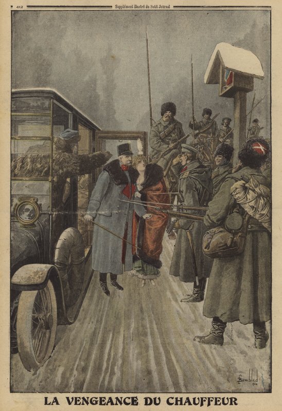 The driver of Austrian General Skarbonovitch delivering the general and his wife into the captivity of the Russians in revenge for being repeatedly beaten by him, World War I by Louis Charles (after) Bombled