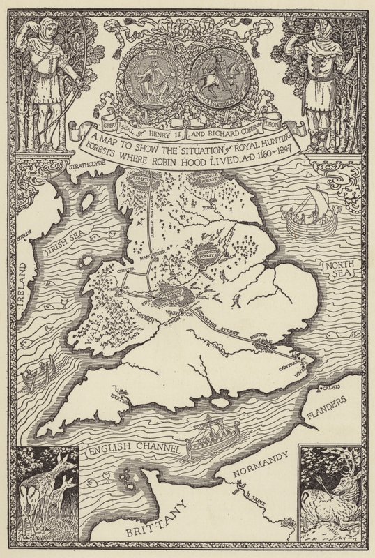 A Map to Show the Situation of Royal Hunting Forests Where Robin Hood Lived, AD 1160-1247 by Louis John Rhead