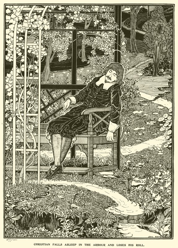 Christian Falls Asleep in the Arbour and Loses his Roll by Louis John Rhead