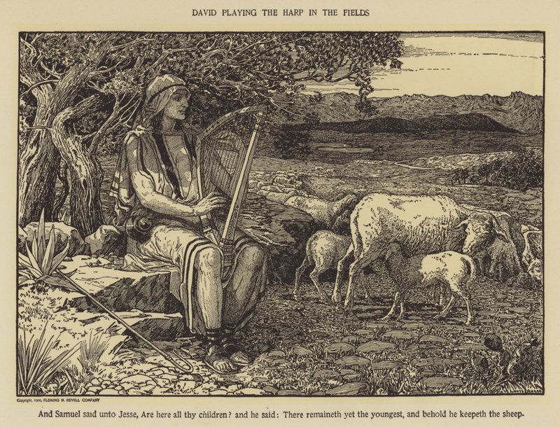 David playing the harp in the fields by Louis John Rhead