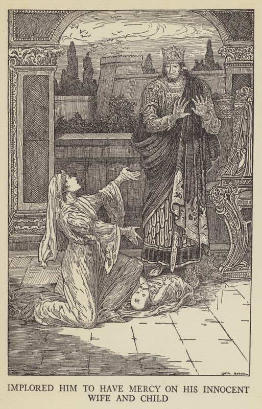 Implored him to have mercy on his innocent wife and child by Louis John Rhead