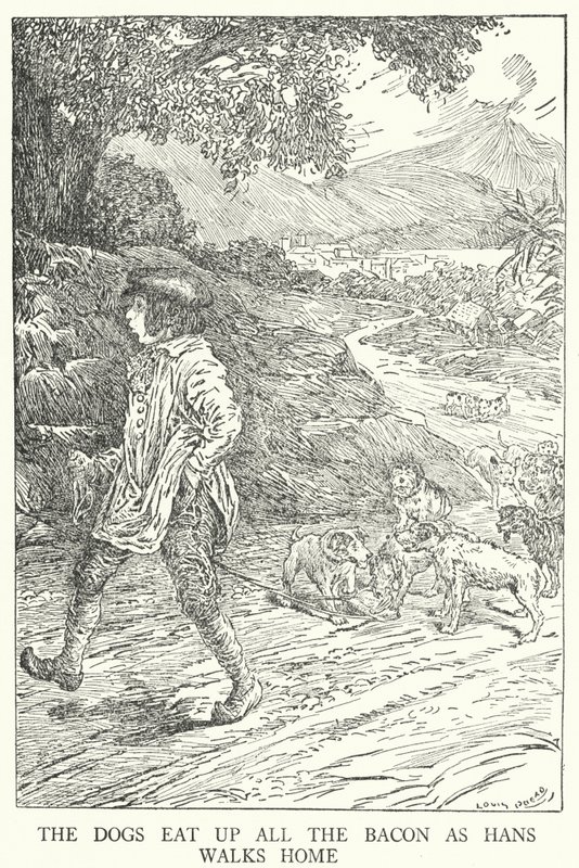 The dogs eat up all the bacon as Hans walks home by Louis John Rhead