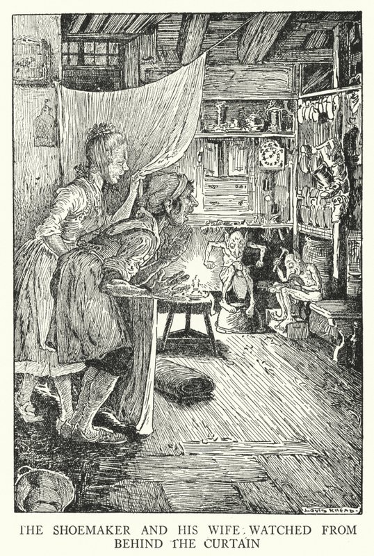 The shoemaker and his wife watched from behind the curtain by Louis John Rhead