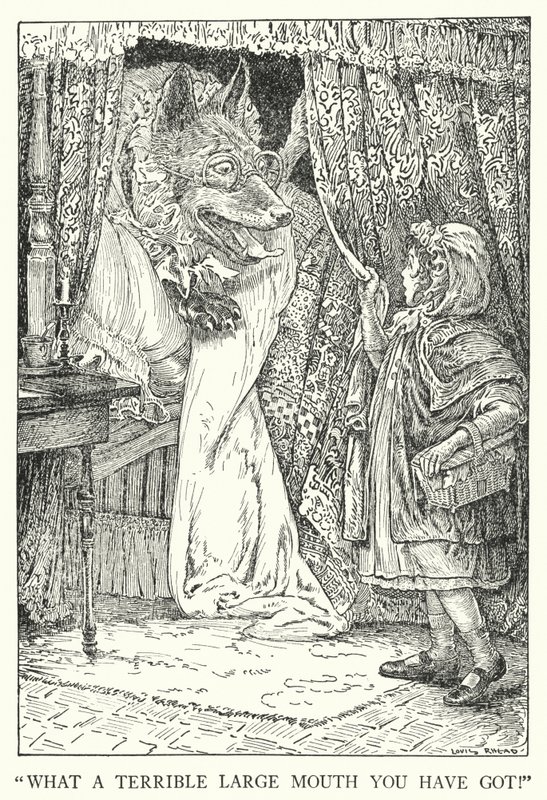 "What a terrible large mouth you have got!" by Louis John Rhead