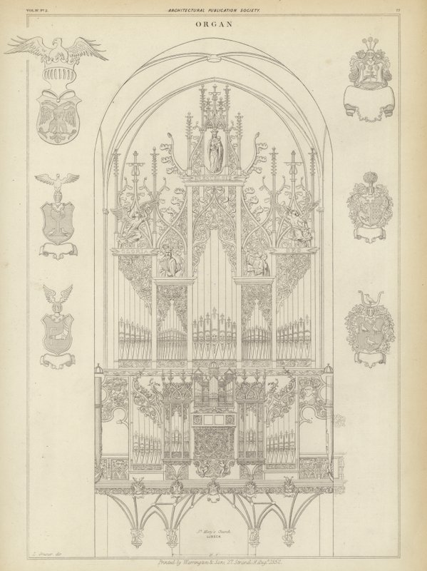 Organ of the Church of St Mary, Lubeck, Germany (engraving) by Ludwig Gruner